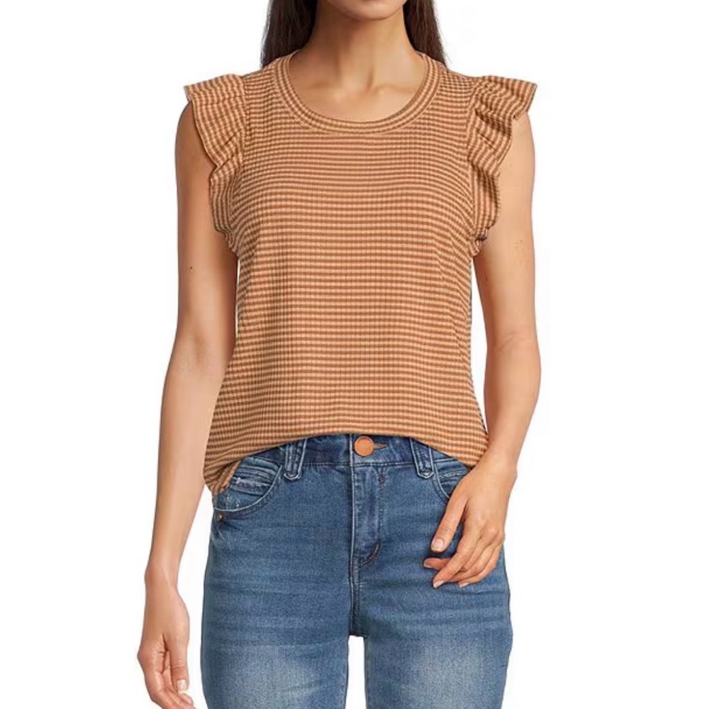 Democracy Lurex Stripe Crew Neck Ruffle Cap Sleeve Knit Top